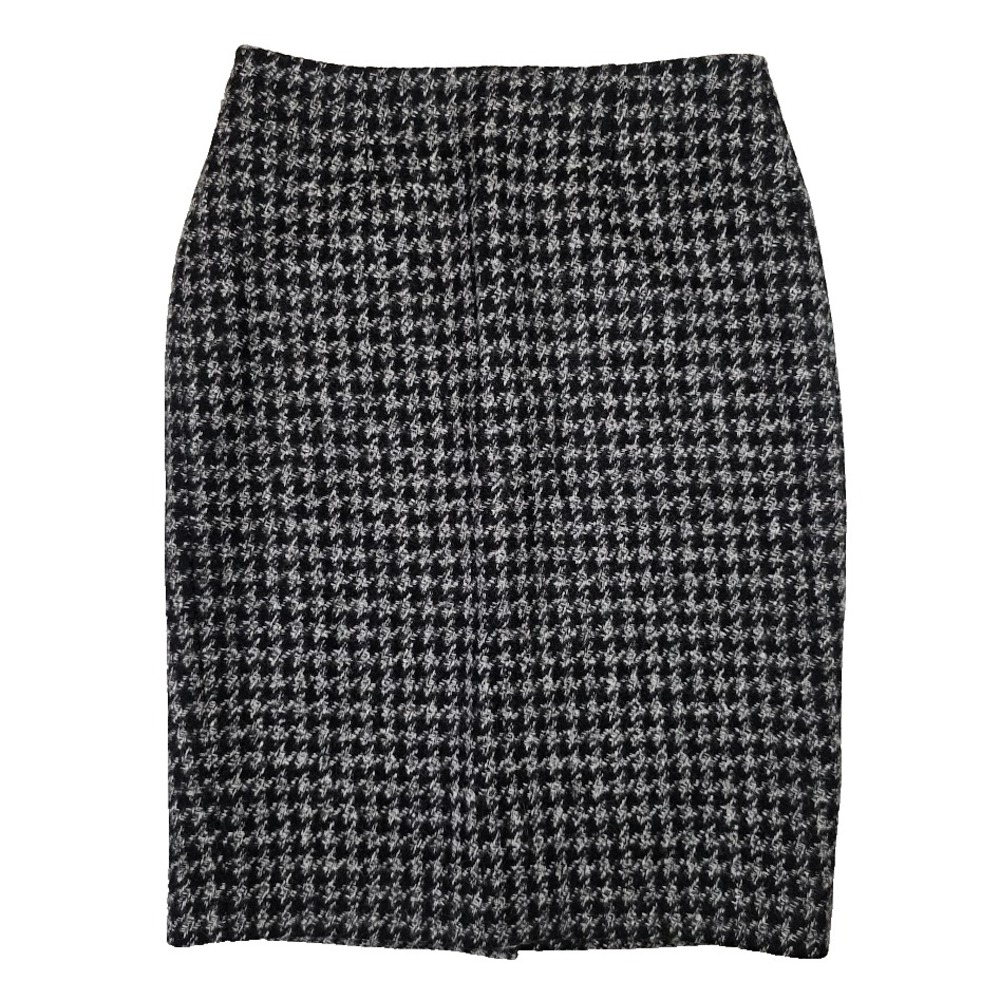 Brooks Brothers Mallalieus Tweed Skirt SZ 4 Black Gray Hounds Tooth Wool Knee
